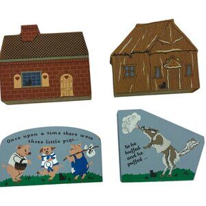 Three Little Pigs Wood Shelf Sitters The Cats Meow Village 1997 Vintage -Retired